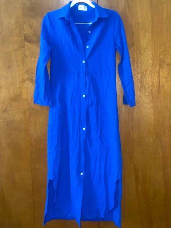 Dresses & Skirts - Blue Small Collared Button Down Shirt Dress Side Slits Roll Tab Long Sleeves